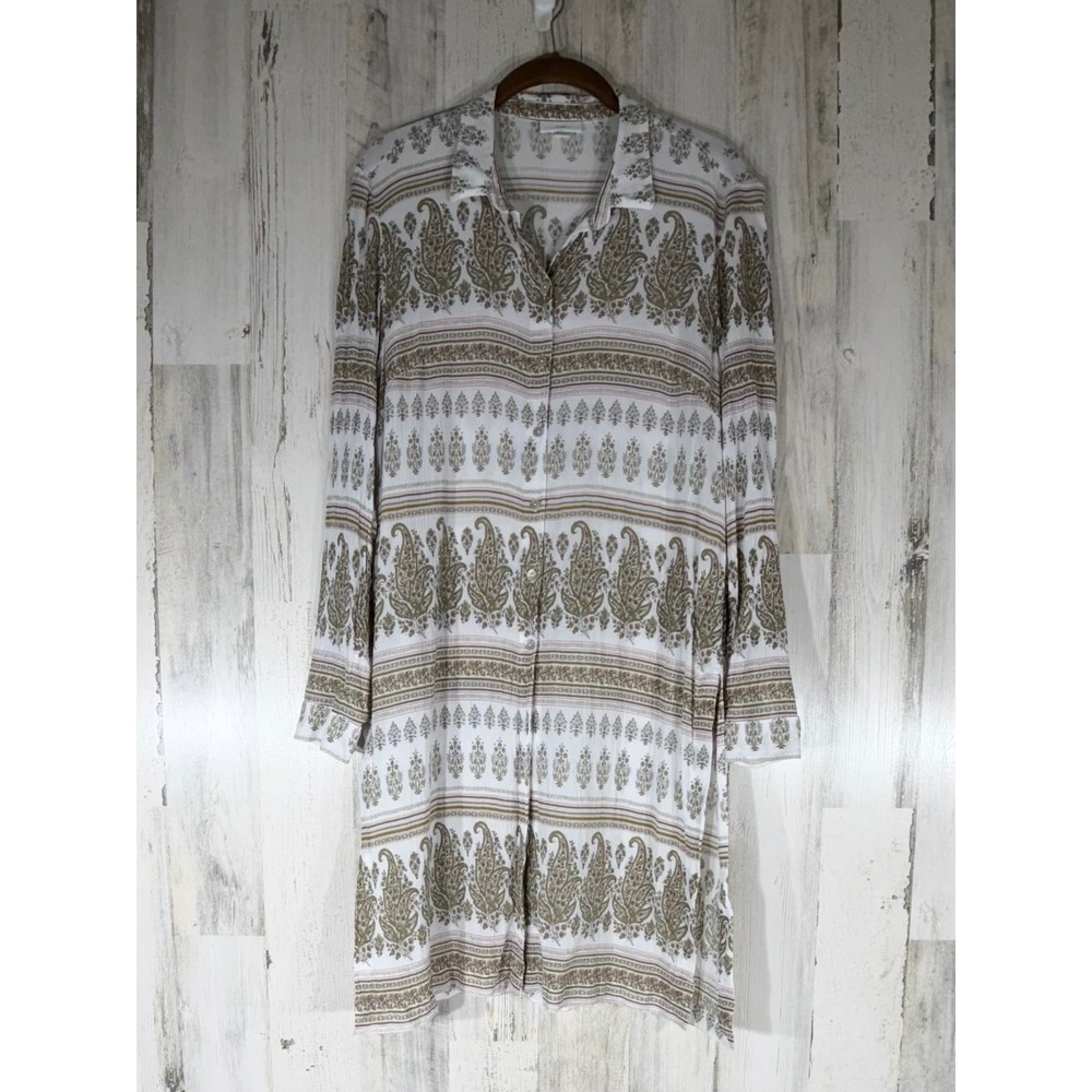 J Jill Button Up Tunic Cover Up White Green Paisley Crinkle Medium Boho Coastal‎